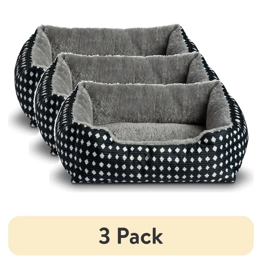 3-Pack Plush Cuddle Bed for Small Dogs Cats and Puppies Cozy Pet Bed with Black White Diamond Pattern 19 x 15