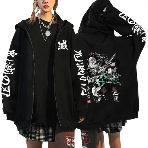 Sudadera con capucha negra con estampado de Anime japonés para mujer, chaqueta con capucha de manga larga y cremallera, sudadera con patrón de Tanjirou Zenitsu Inosuke, abrigo de otoño