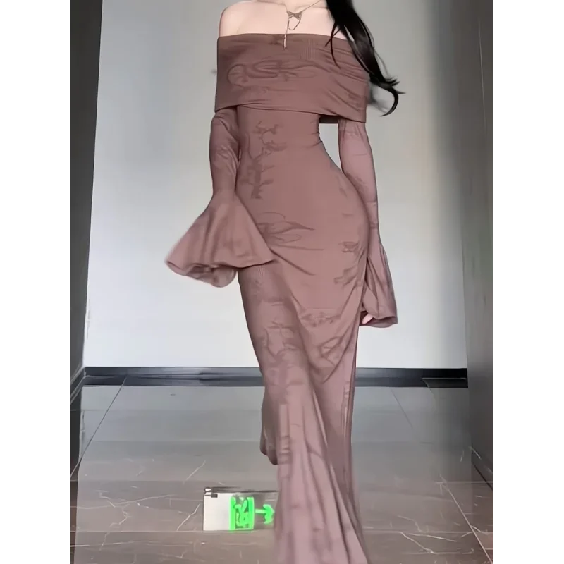 Spring and Autumn Slim Mid-length Base Hip-packing Skirt One-shoulder Fishtail Dress for Women's