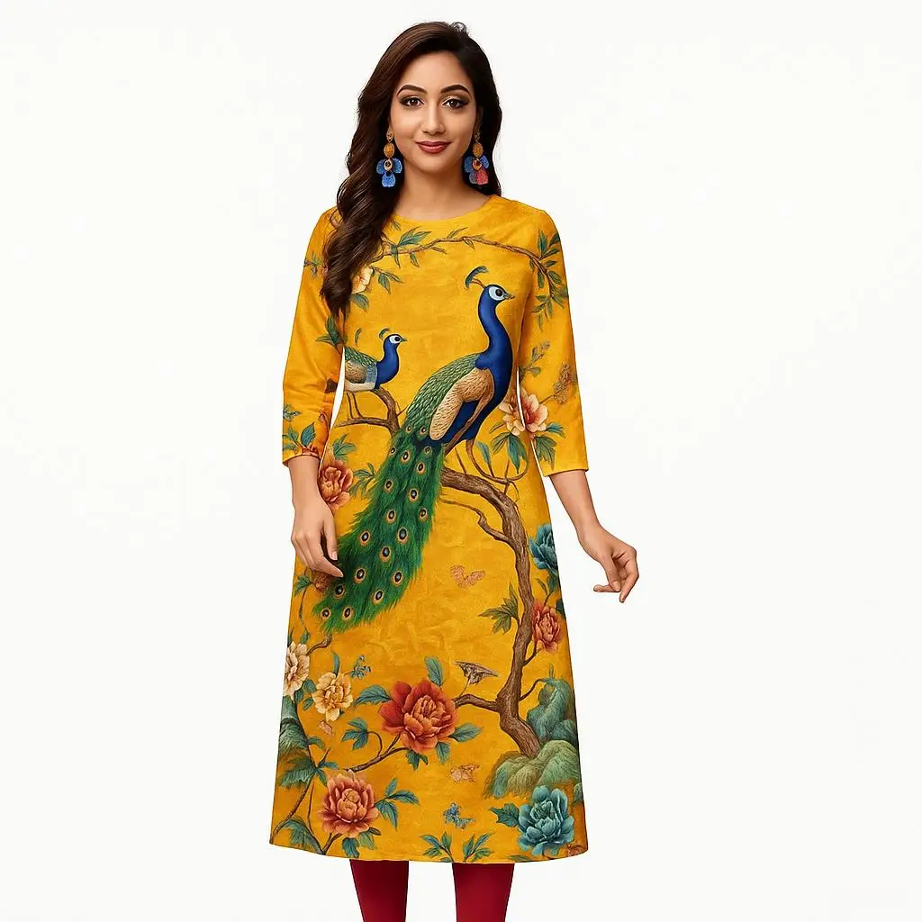 Kurt Women's Fashion Comfortable Dress Long Sleeve Straight Tube Casual Ethnic Round Neck Peacock Pattern New Style Skirt2026