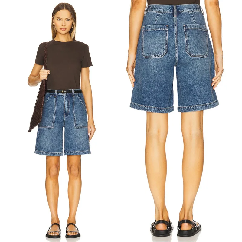 Maxdutti Minimalist Lyocell Denim High Waisted Deep Blue Front Patch Pocket Knee Length Denim Shorts For Women's Bermuda Shorts