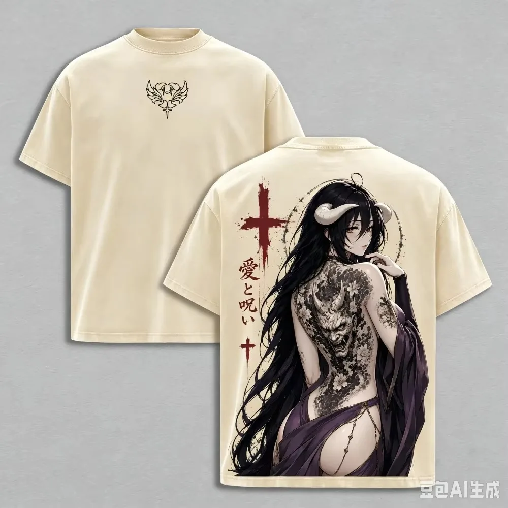 Anime Demon Girl Tattoo Graphic Men T‑Shirt Casual Streetwear Oversized Short Sleeve Tee Top