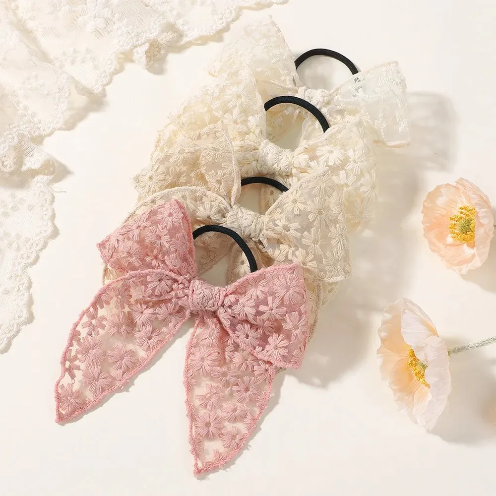 RAINBOW BOWS 2 Stück Spitze elastische Haarbänder bestickte Schleife für Frauen Mädchen Gummi Haarbänder Pferdeschwanzhalter Haarschmuck