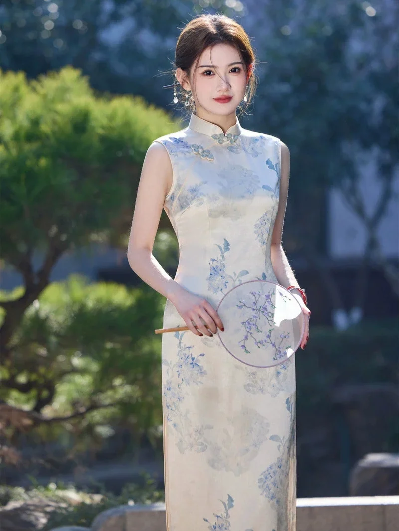 

Весна/Лето 2023, новый стиль, двухслойный длинный Cheongsam без рукавов с восемью пуговицами, белый Cheongsam для похудения