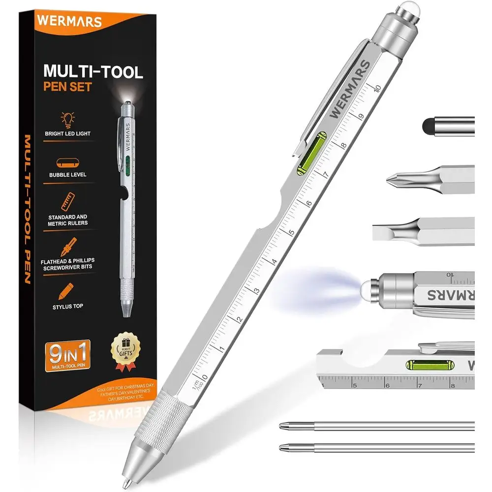 

Father's Day Gift for Dad, Husband, Grandpa, or Boyfriend: 9-in-1 Multi-Tool Pen from Daughter (Silver)