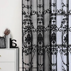 Luxury Beaded Embroidered Sheer Curtains for Room Window Panel Black Romantic Spring Transparent Voile Grommet Ring Top Drapes