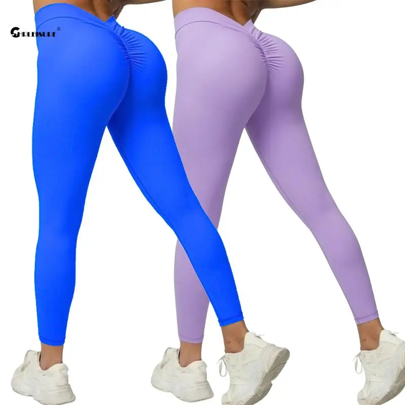 CHRLEISURE Back V Butt Yoga Pants Women Seamless Butt Fitness Leggings High Waist Ruched Tights Elastic Slim Activewear Gym Wear