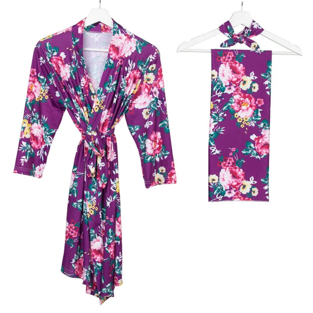 

Осенне-зимние темно-фиолетовые халаты для беременных с длинными рукавами, пеленальная повязка на голову для новорожденных, 3 шт./компл., подарок для ожидающих женщин