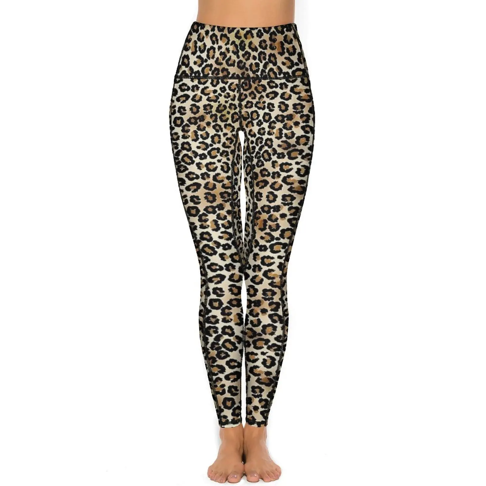 Brown Leopard Print Yoga Pants Pockets Animal Leggings Sexy High Waist Novelty Yoga Sports Tights Stretchy Fitness Leggins