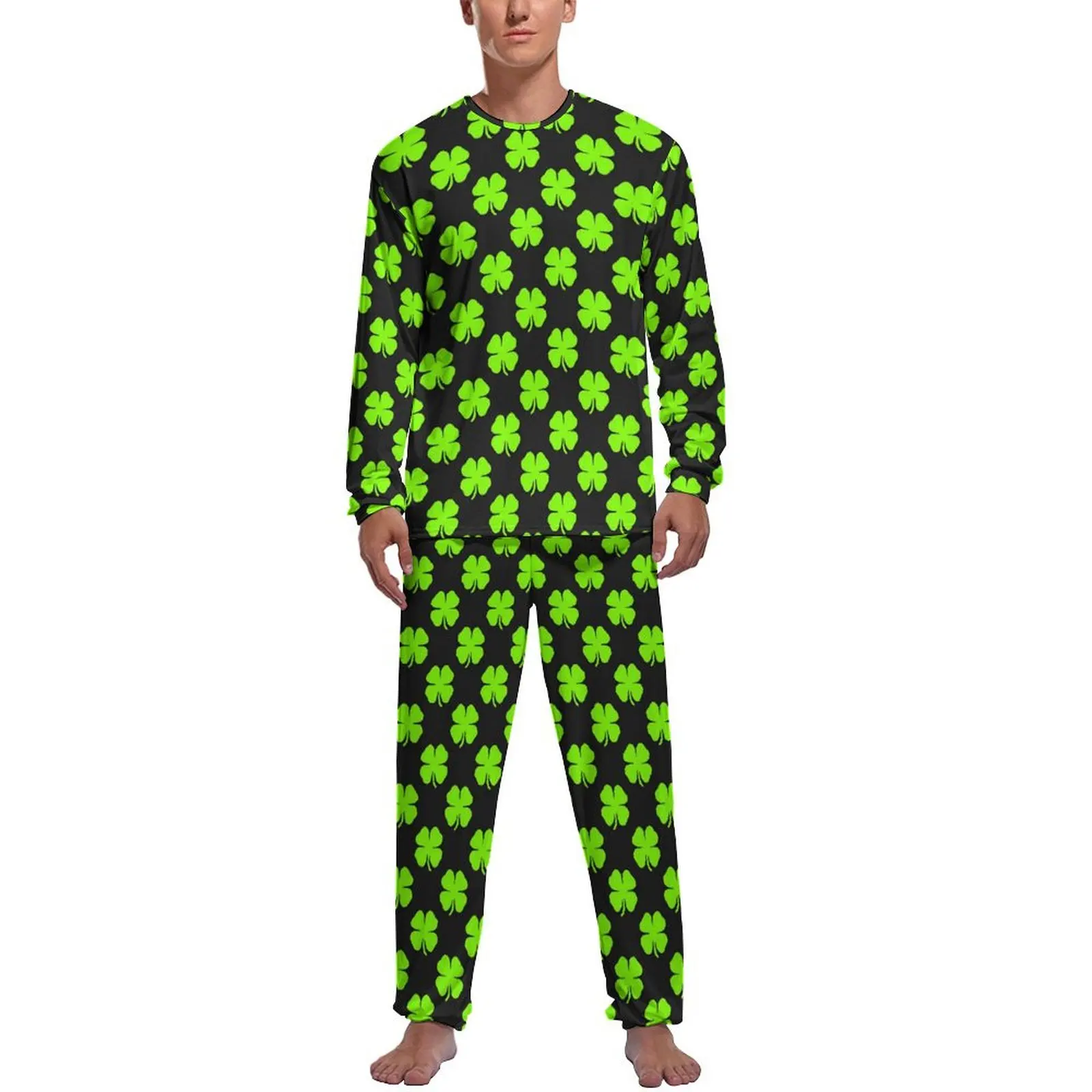 

Shamrock Print Pajamas Mens Saint Patricks Day Cute Nightwear Winter Long-Sleeve 2 Piece Room Custom Pajama Sets