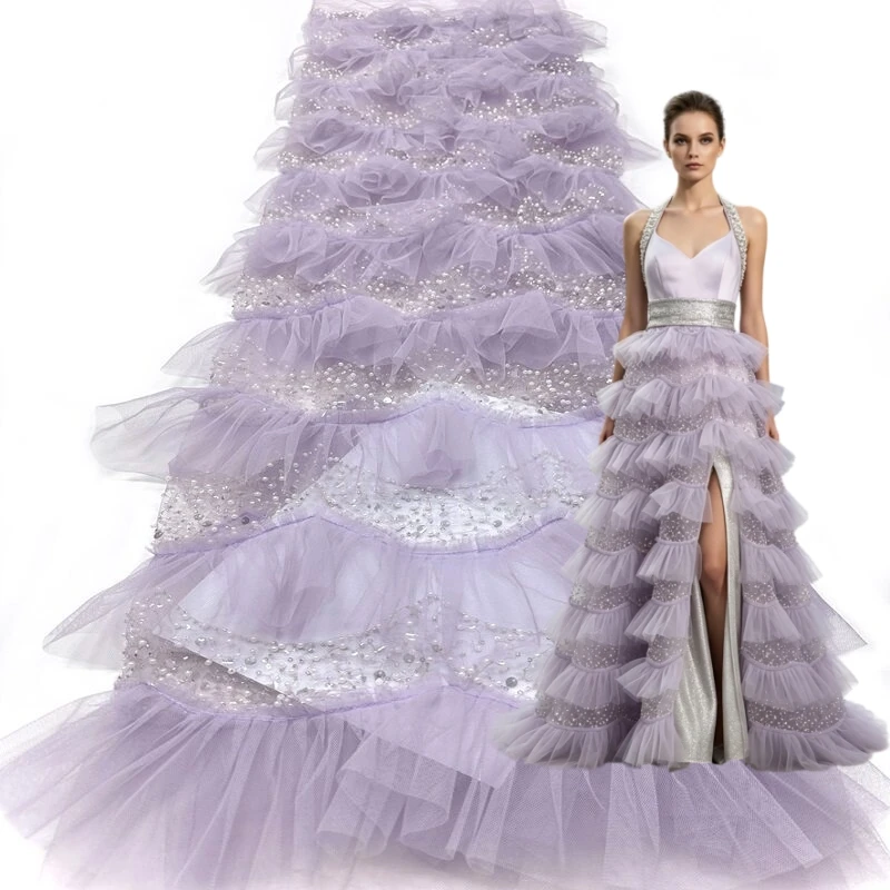 2026 Nigerian Bridal Wedding Party Dress 3D Tulle Lace Fabric High Quality French Mesh Lace African Beaded Sequins Lace Fabric 2