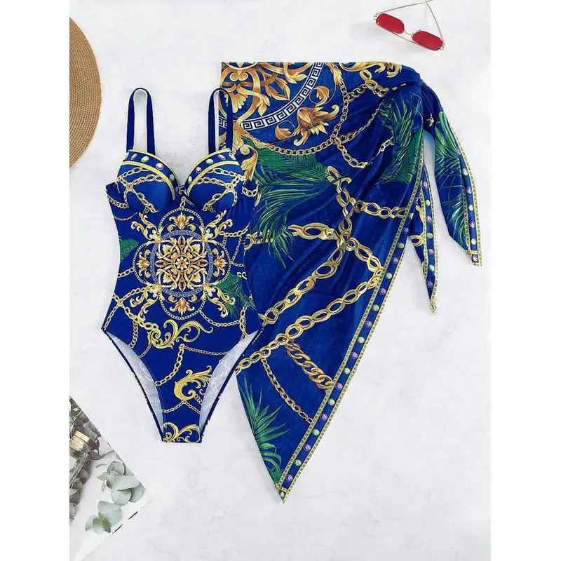 JEWELRY SEN Women 2‑Piece Bikini Set Chain Print Push‑Up Swimsuit With Wrap Sarong Cover‑Up Beach Bathing Suit Swimwear