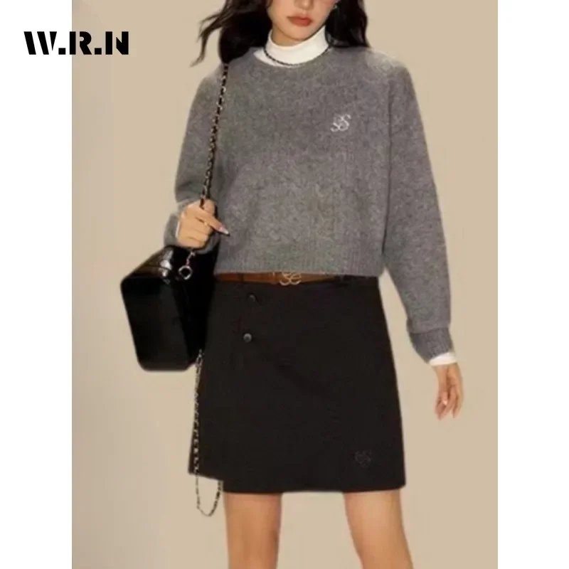 2025 inverno elegante dolce girocollo lavorato a maglia manica lunga blu pullover donna nozioni di base chic signore maglione slim fit top corto