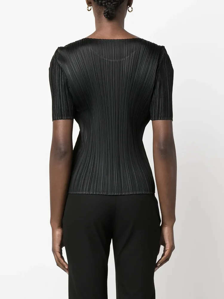 ISSEY Basic Ruffled Round-neck Solid Color Slimming and Shaping Upper Body Shirt Short Sleeve T-shirt