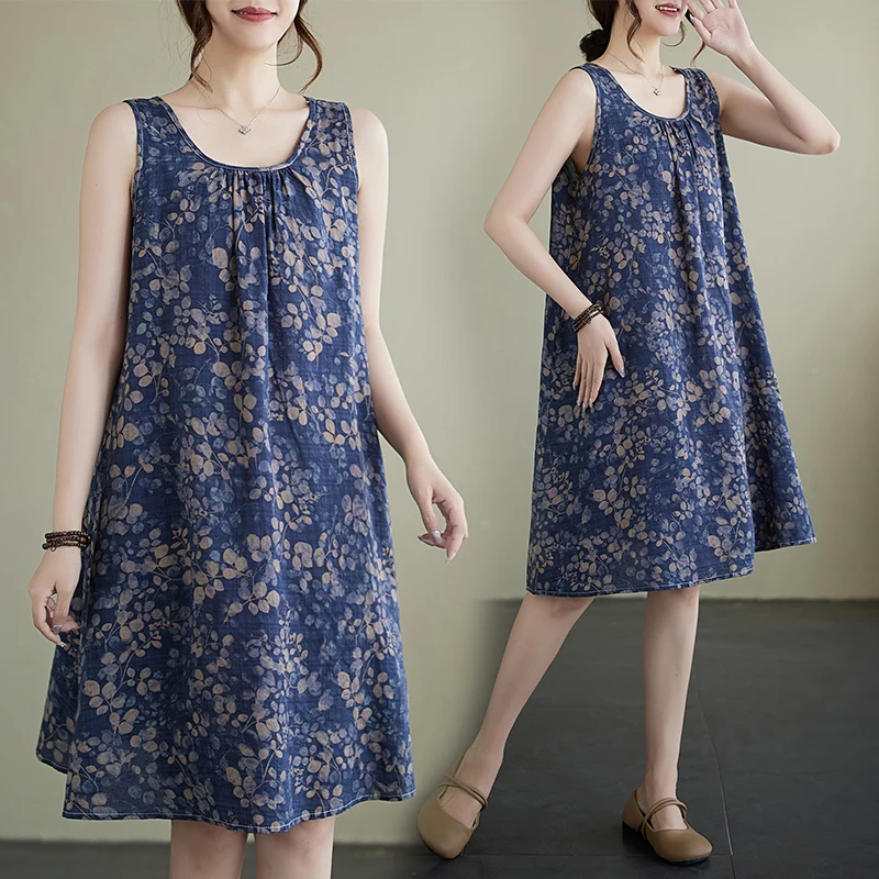 

Элитная омолаживающая хлопково-льняная юбка А-силуэта без бретелек с круглым вырезом и принтом для женщин больших размеров, летняя, свободного кроя, без рукавов