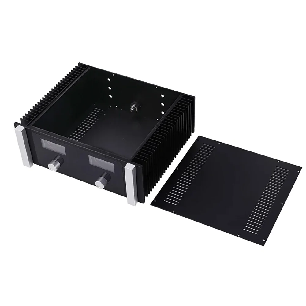 Aluminum amplifier chassis with dual VU meters and side heatsinks