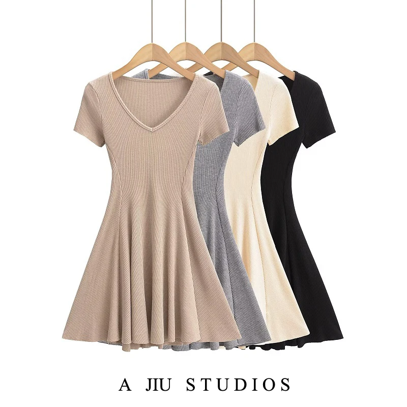 

Американское ретро-платье однотонного цвета с V-образным вырезом и коротким рукавом, женское, приталенное, с эффектом похудения, А-силуэт, юбка с высокой талией, платье-миди