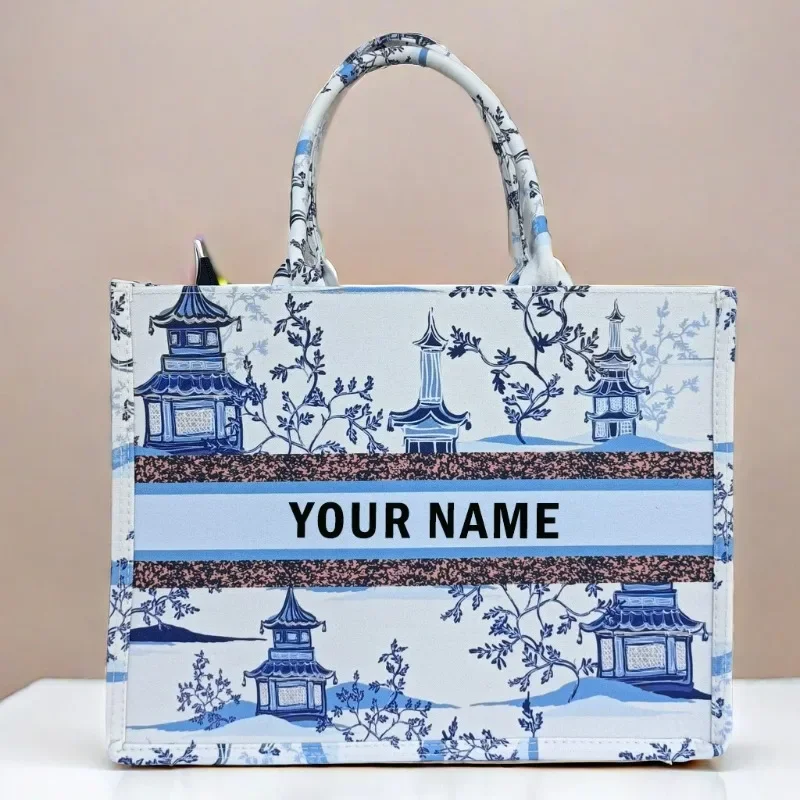 New Designer Art Style Personalized Fashion Print Large Capacity Canvas Book Handbag Women\'s Name Customized Shoulder Bag