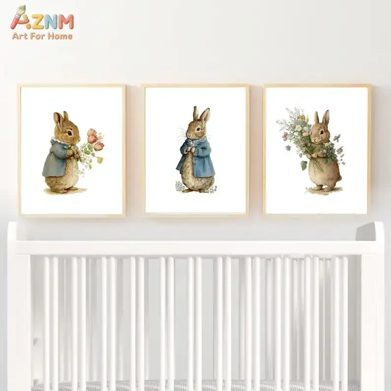 AZNM Watercolor Peter Rabbit Canvas Poster Floral Bunny Vintage Beatrix Potter Style Baby Nursery Wall Decor, Unframed Canvas Pa