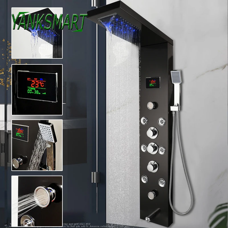 

YANKSMART Black Digital Display Shower Panel Column LED Rainfall Waterfall Shower Spa Jets Mixer Faucet 5 Function Faucets