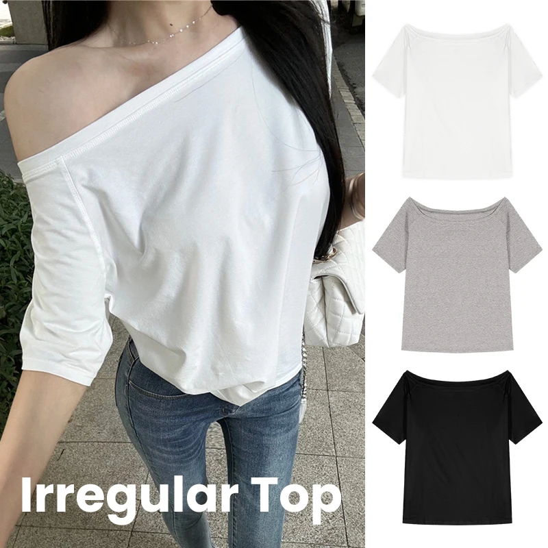 

Cotton Off shoulder Summer Oversize T shirt Women Solid color Short sleeve Tops Lady Casual Tees Korean style Youth Blouses