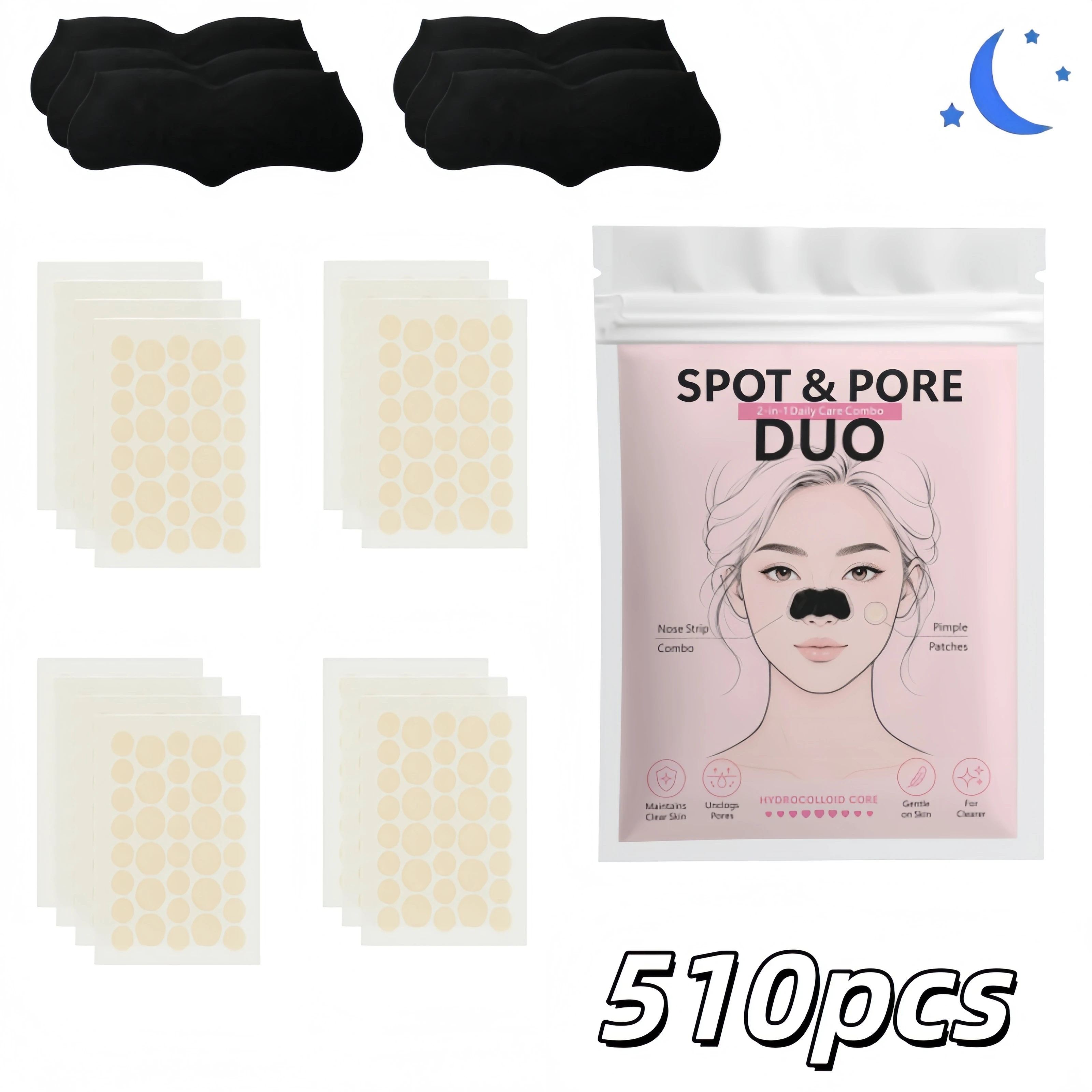 510Pcs Nose Strip And Face Dot Combo, Black Nose Stickers With Round Facial Dots, Beauty Kit For Women Men