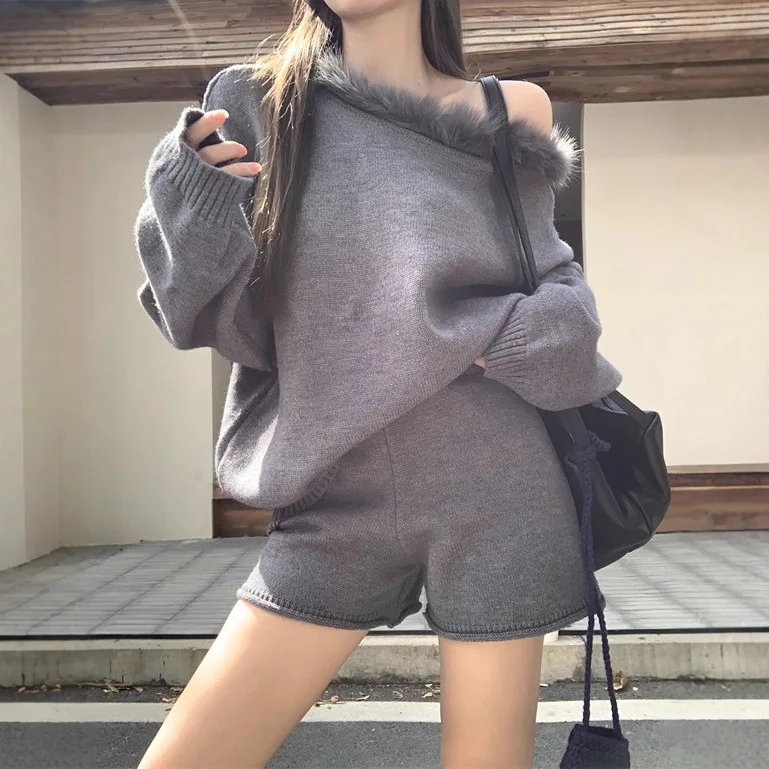 

Suit: Gray Fur Slanted Shoulder Sweater for Women To Wear All Fall and Winter, Knitted Shorts, Casual Two-piece Set