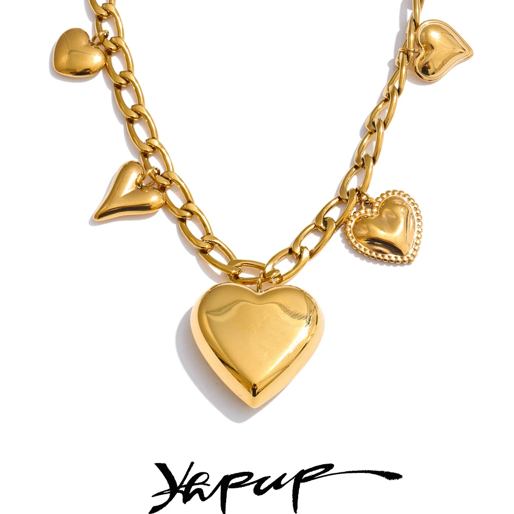 Yhpup High Quality Sleek Stainless Steel Thick Heart Love Pendant Charms Drop Necklace Golden Charm Waterproof Jewelry Recommend