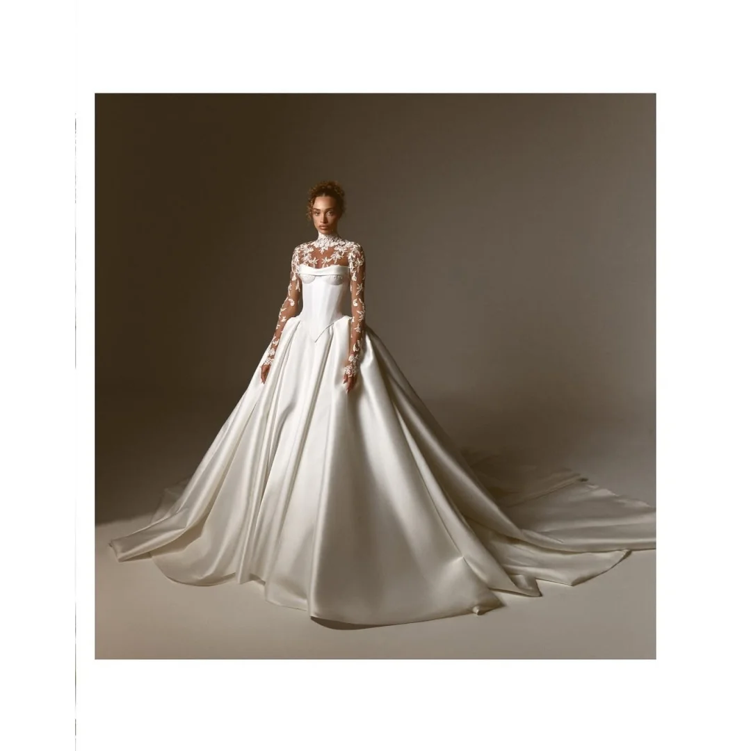 Tokyo Customized Cathedral Train Ball Gown Wedding Dress Lace Appliques vestidos de noche High Neck Long Sleeve Evening Dresses