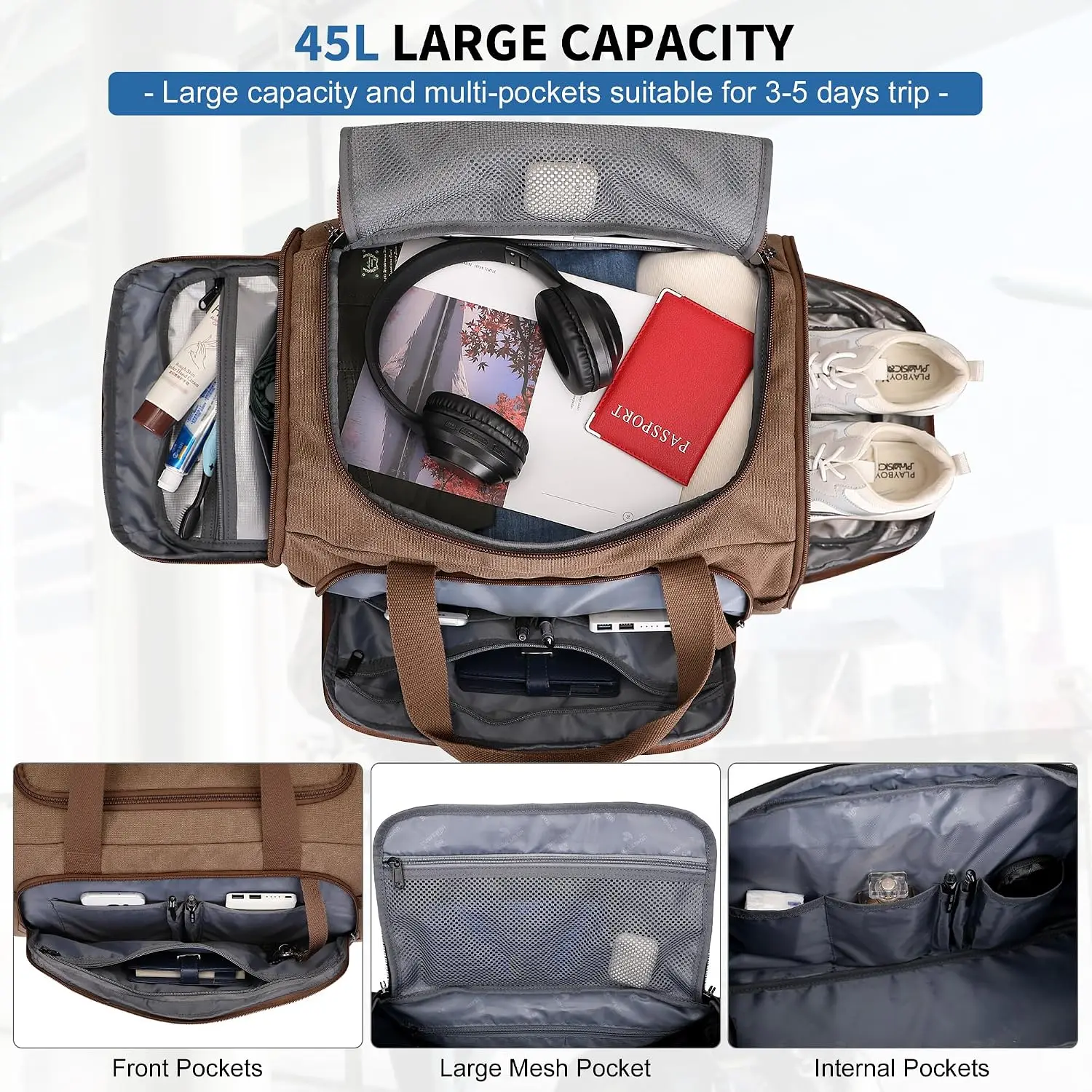 Canvas Duffle Bag for Men 3 in 1 Convertible Backpack 45L Travel | With Shoe Compartment and Dry-wet Pocket, Large Capacity, Carry On, For Gym, Sports, Weekender, Overnight, A8006/3 Brown view 3