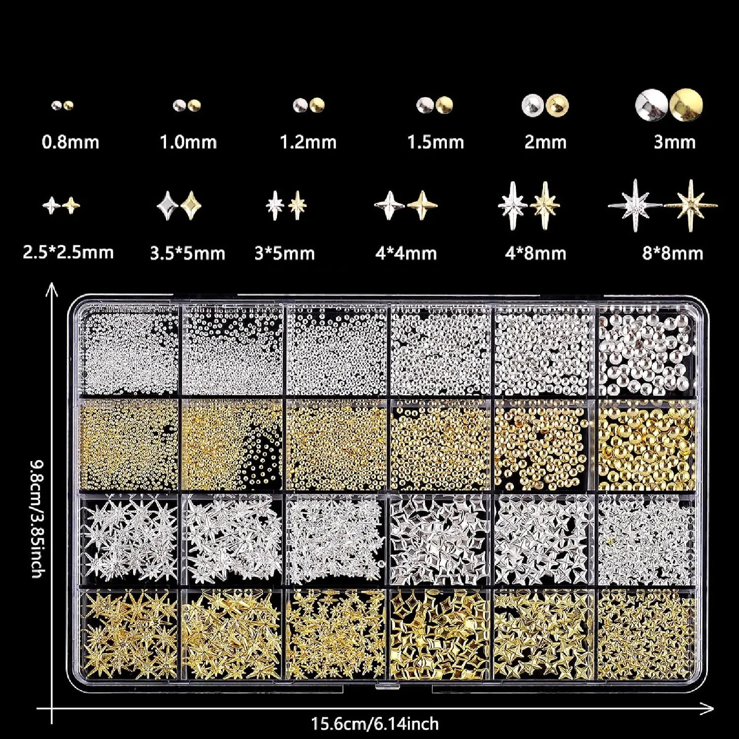 24Grids Metal Nail Charms With Pickup Tool Gold Silver Starburst/Cross Studs 3D Alloy Round Nail Rivets Decoration Nail Supplies