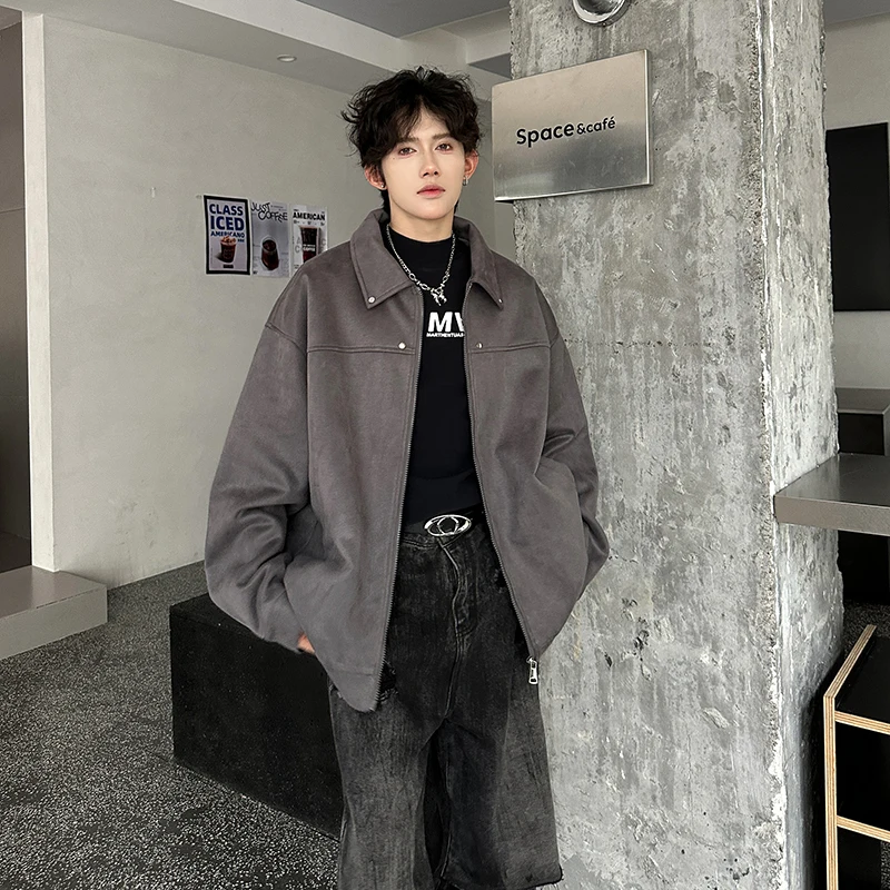 

Мужская демисезонная замшевая куртка свободного кроя в американском стиле с откидным воротником, кожаная, молодежная, модная, брендовая, из полиэфирного волокна, на молнии