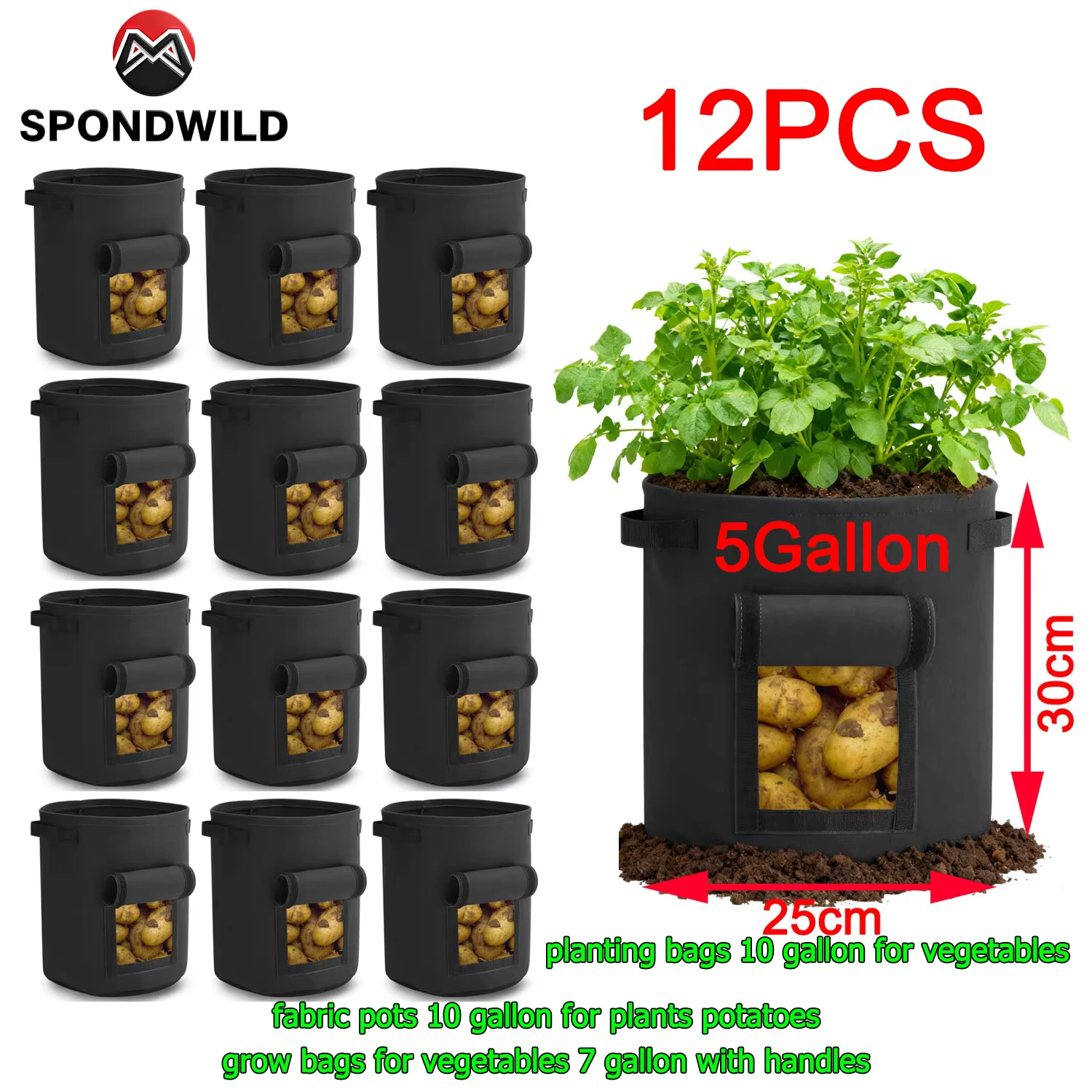 SPONDWILD 3/5/7/10 Gallon PE Vegetable Flowerpot / Non-Woven Felt Planting Bag Gardening Pot Multi Functional Vegetable Barrel