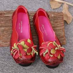 High Quality Spring National Style Genuine Leather Handmade Flower Women's Shoes Lady Soft Bottom Casual Flat Shoes Free Shippin