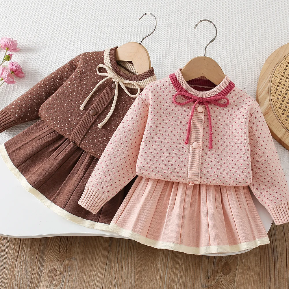 

Spring Kids Babys Girls Two-piece Clothing Dot Printed Pullover Sweater Knitwear Suits Solid Elastic Waist Ruched Skirts Outfits