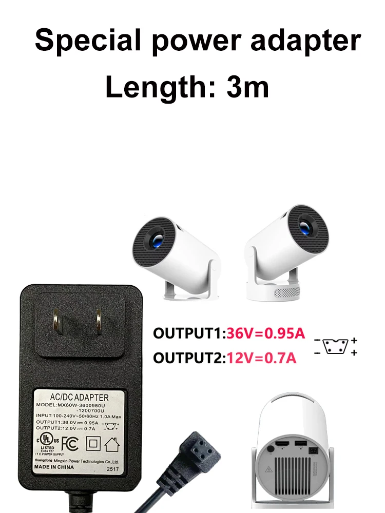 DITONG HY300pro+ Projektor 1,2/3 m Original erweitertes Netzteil DC-Kabelverlängerung Geeignet für Magcubic HY300 Pro+ Projektor
