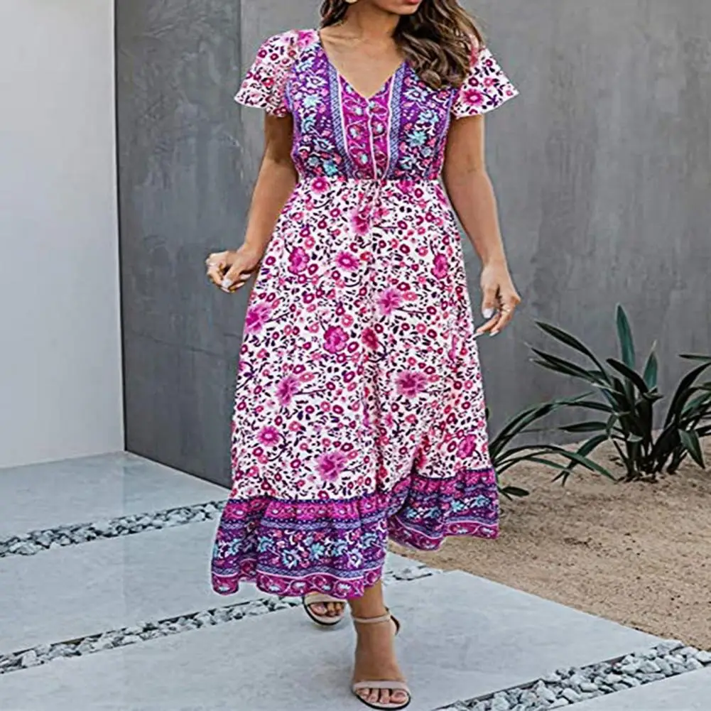 Boho Floral Print Long Dress Women Summer Beach Sundress Short Sleeve Square Neck Ruffle Pleated Dress Bohemian Casual Dresses