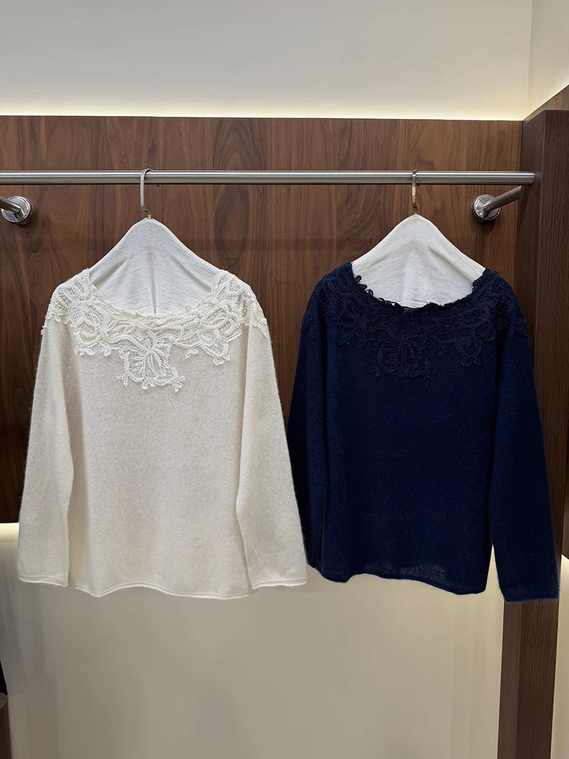 Boat Neck Lace Applique Long Sleeve Knitted Pullover Top for Women