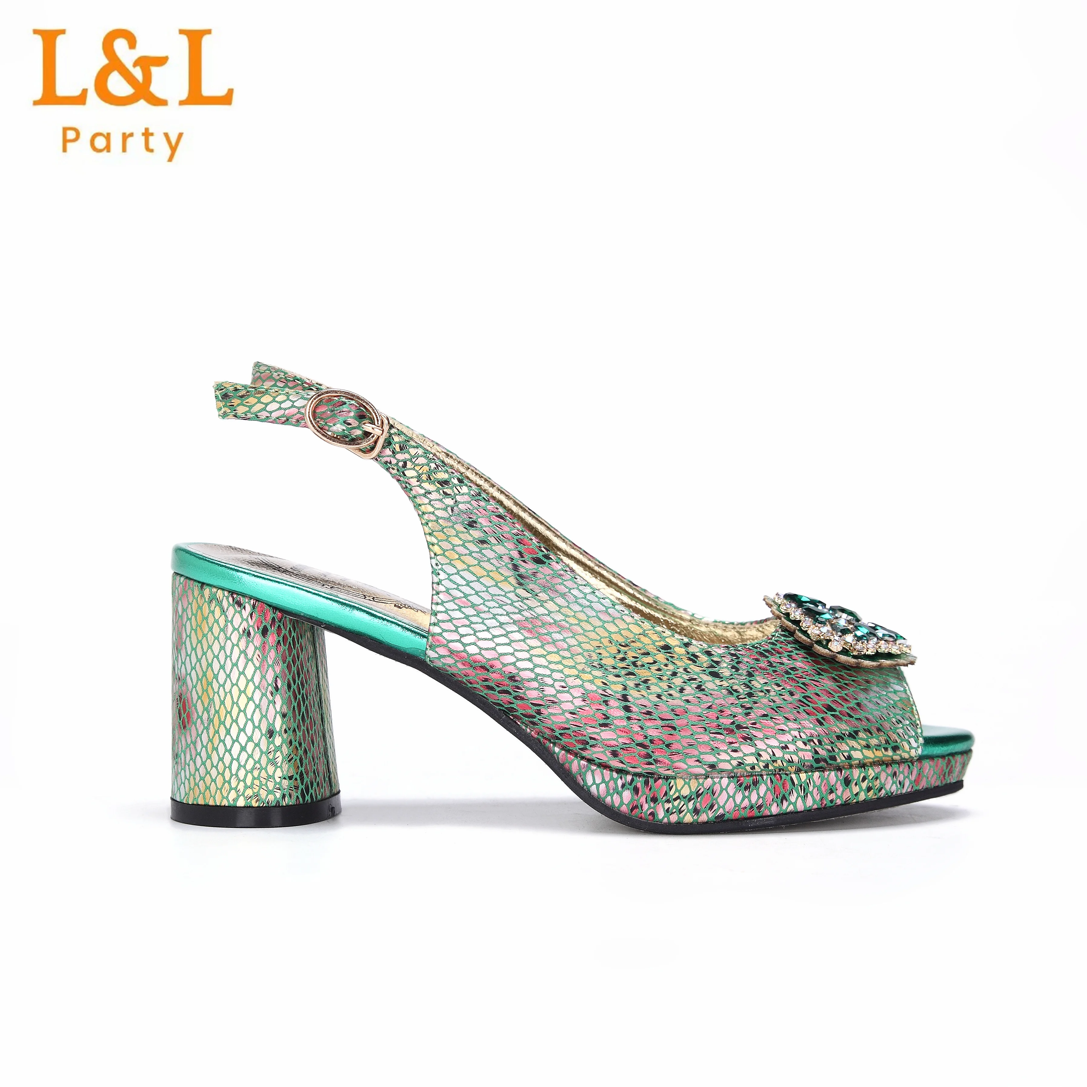 Green Color Hot Selling Mature Style Snake Pattern Design Ladies Evening Sandal with Bag Set For Women Party