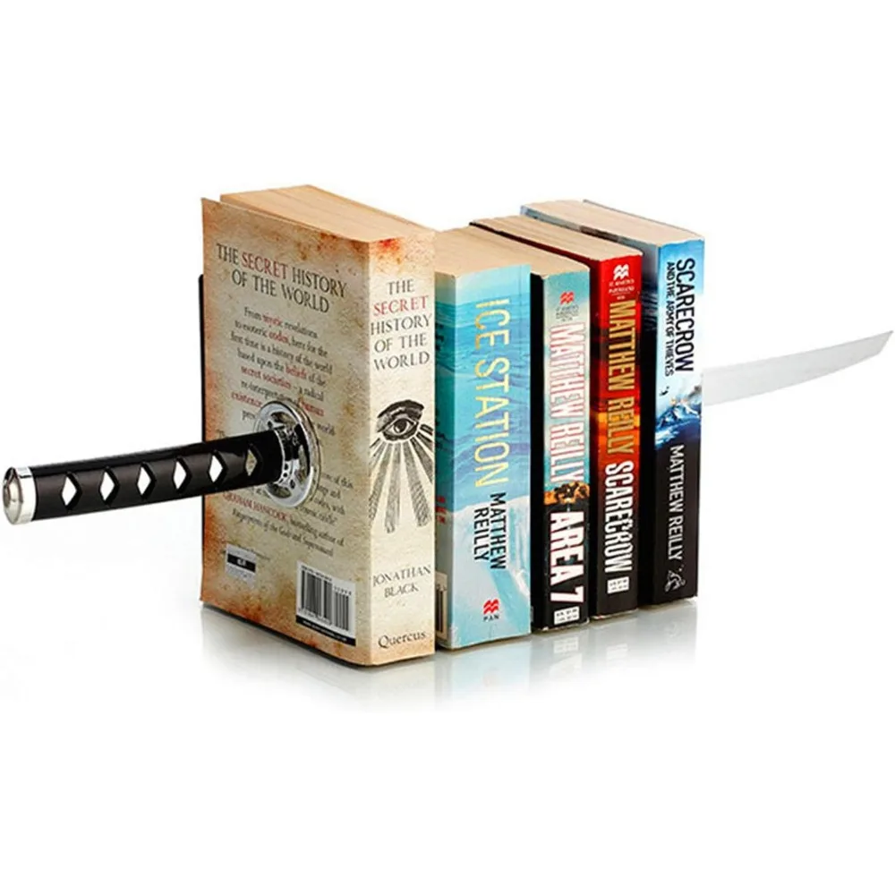 Book ending decoration, modern metal interesting unique black DVD bookshelf, katana book stuffing holder for the office home