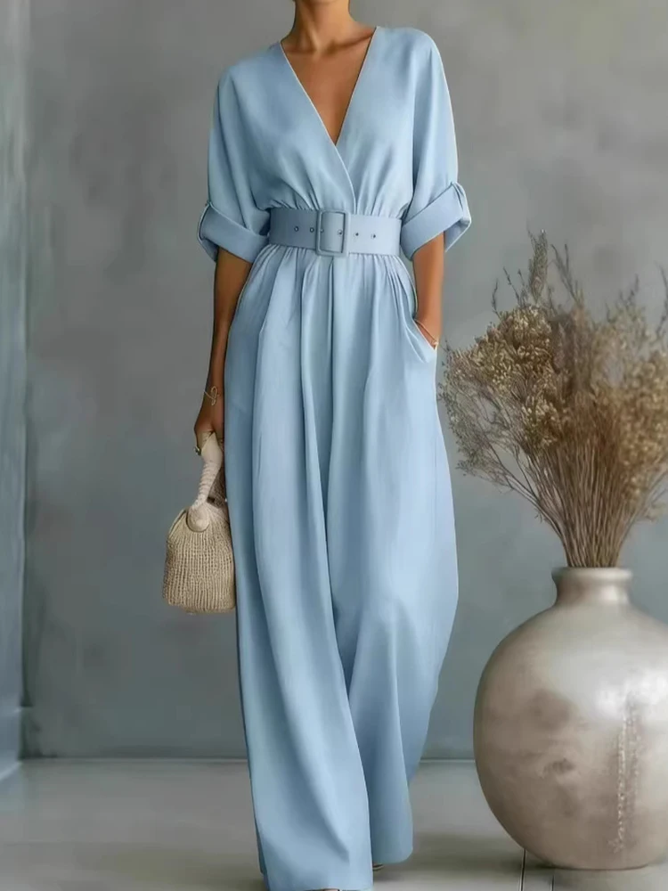 

Women's V Neck Half Sleeve Jumpsuits Summer Solid Patchwork Casual Wide Leg Pants Ladies Playsuits Streetwear Dropshipping 2026