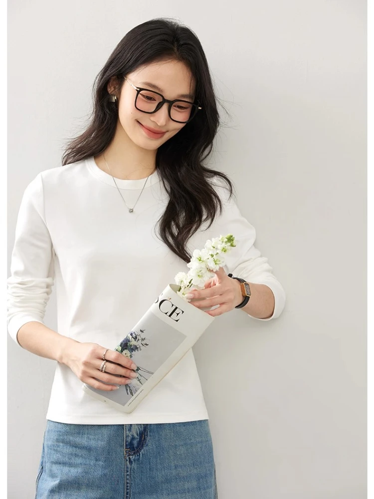 VIMLY Women's Solid Knitted Top Long Sleeve T-shirt 2026 Autumn Casual Cotton Round Neck Slim Female Tee Woman Clothing A2021