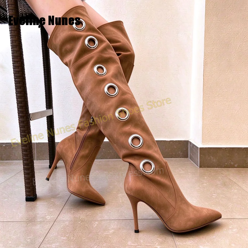 Y2K Women Knee High Boots Faux Suede Pointed Toe Stiletto Heel Long Boots Hollow Metal Eyelet Furry Trim Retro Party Shoes 2026