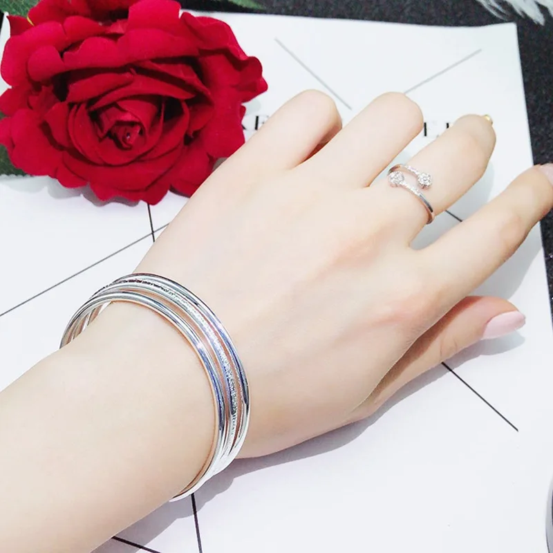 999 sterling silver two light, one sand, three thread closed-end bracelet for women, simple and fashionable trendy jewelry gift