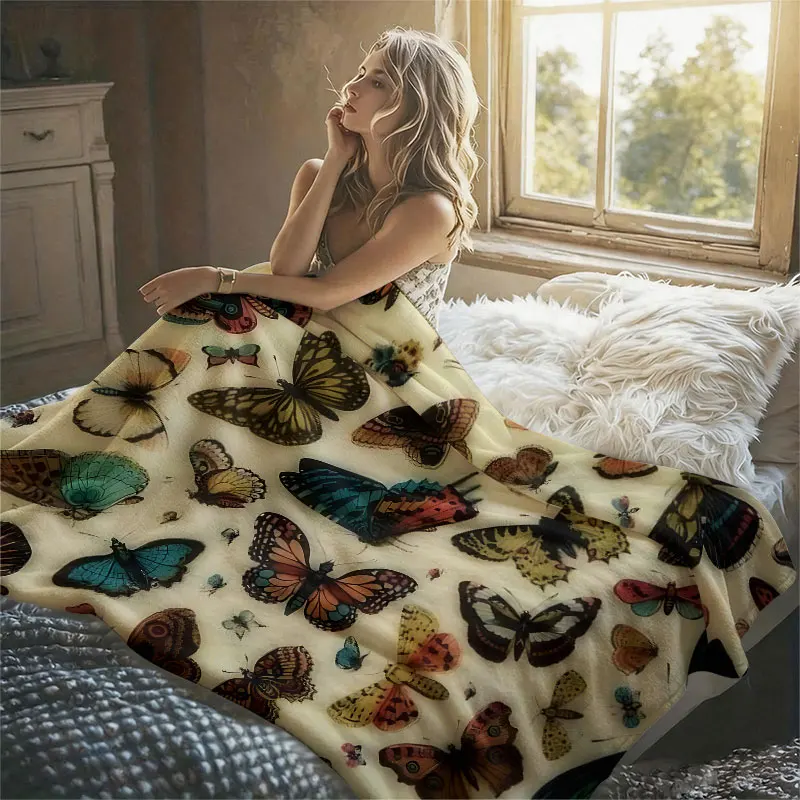 Vintage Butterfly Specimen Flannel Blanket Perfect for Sofa Office Bed Travel Sleep Read Relax Camping Four Season Use