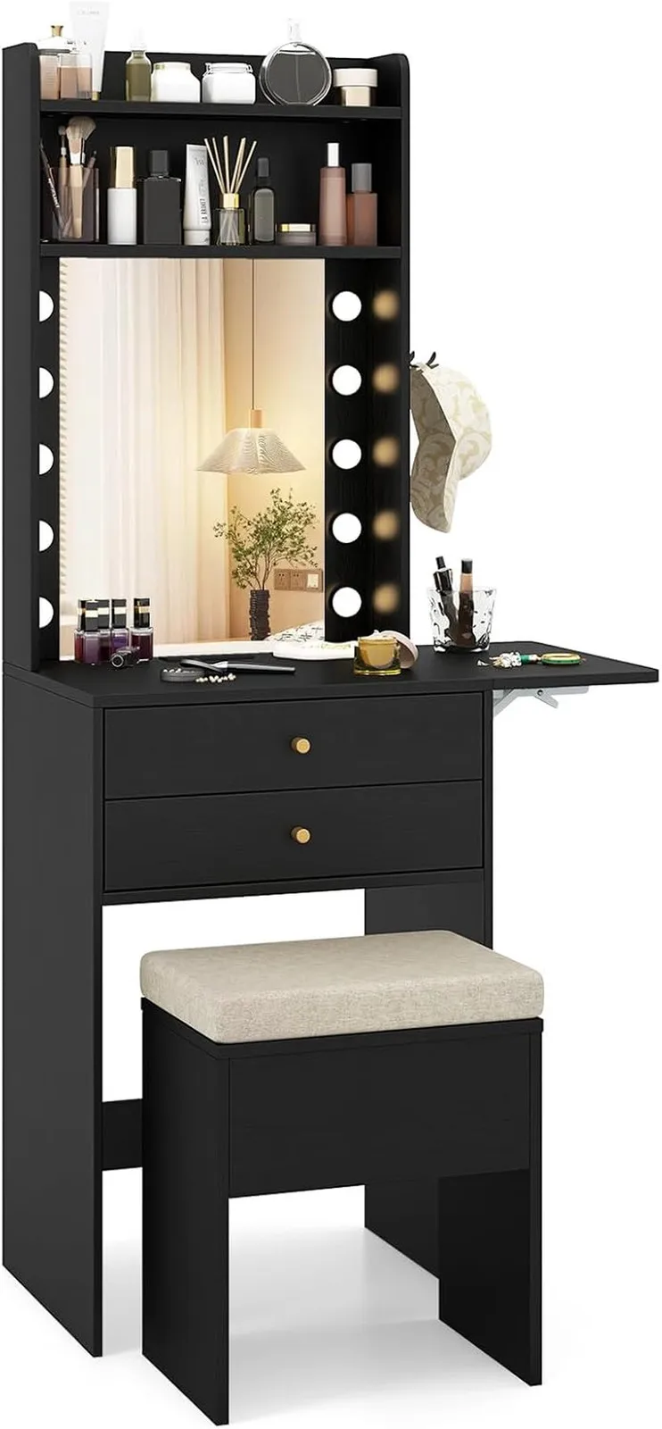 

Stylish Black Vanity Desk with Mirror, Lights & Stool - Perfect for Makeup