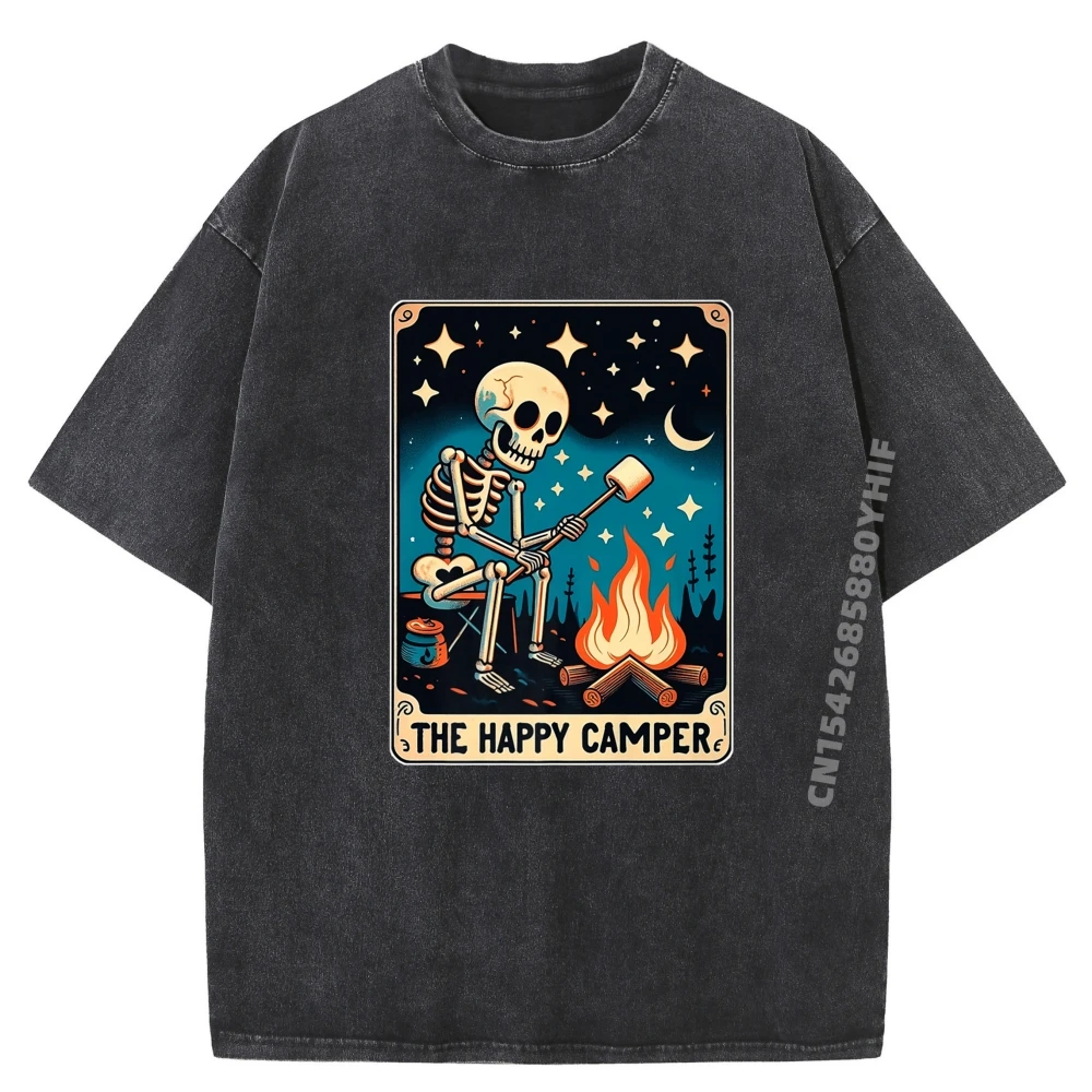 

Happy Camper Tarot Card Skeleton Men's Printed T-shirts Street Tops Tees Newest Oversized Washed Tee-Shirt