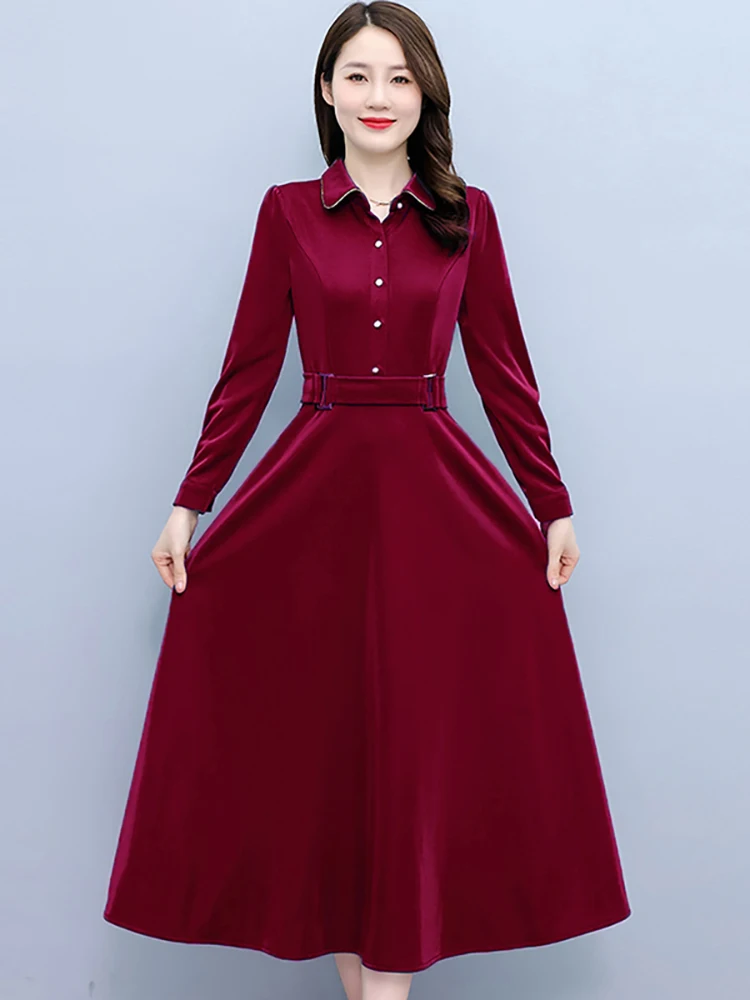 Autumn Winter Long Sleeve Korean Midi Dress 2024 Elegant Polo Collar Office Lady Dress Women Elegant Bodycon Party Night Vestido