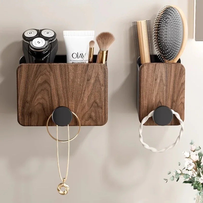 Walnut bathroom organizer shelf for combs,perfect for toiletries like toothpaste, razors, and makeup brushes.