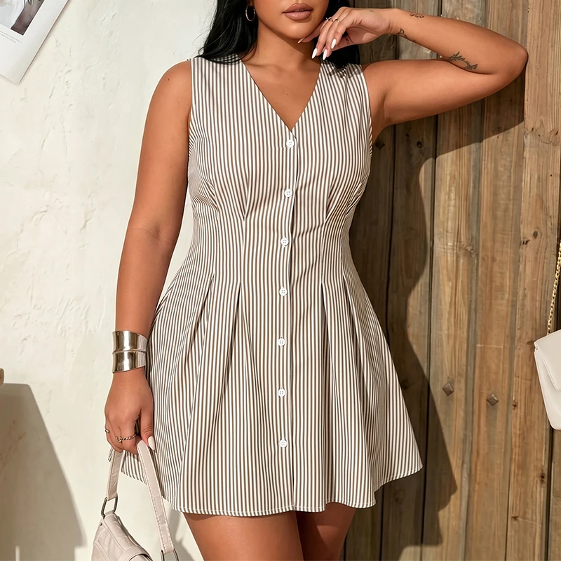

VONDA Plus Size Summer Dress Striped Women Party Mini Sundress 2026 Vintage V Neck Beach Vestido Sleeveless A-Line Bohemian Robe